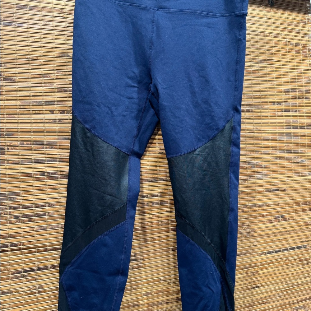 Athleta Navy Blue Leggings with Black faux leather patch